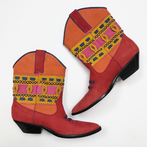 Circles Shoes - Circles Navajo Red Pattern Suede Cowboy Boots Sz 7